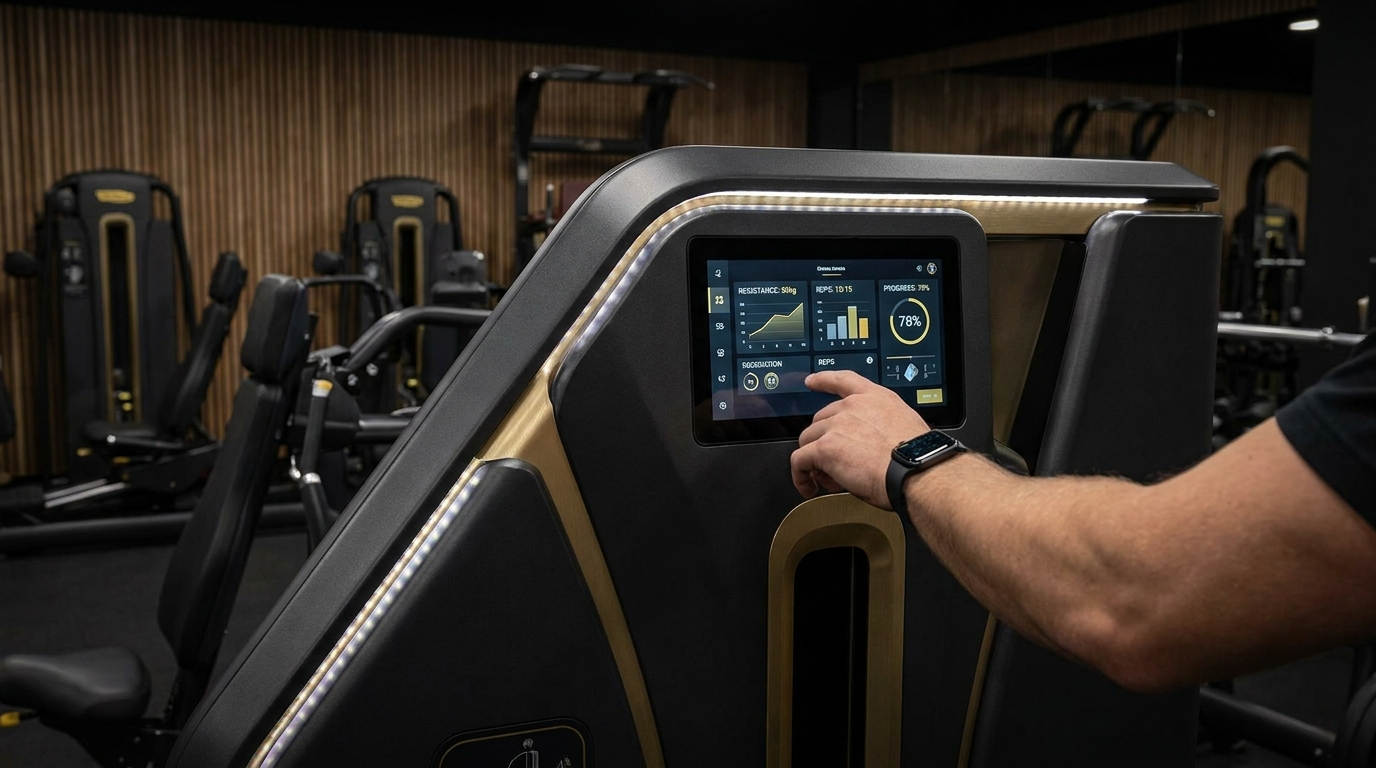 The AI guided Biocircuit resistance machine at Threezero showing live workout data