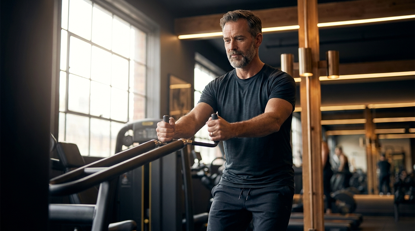 A professional in his forties doing guided strength training at Threezero in Green Point